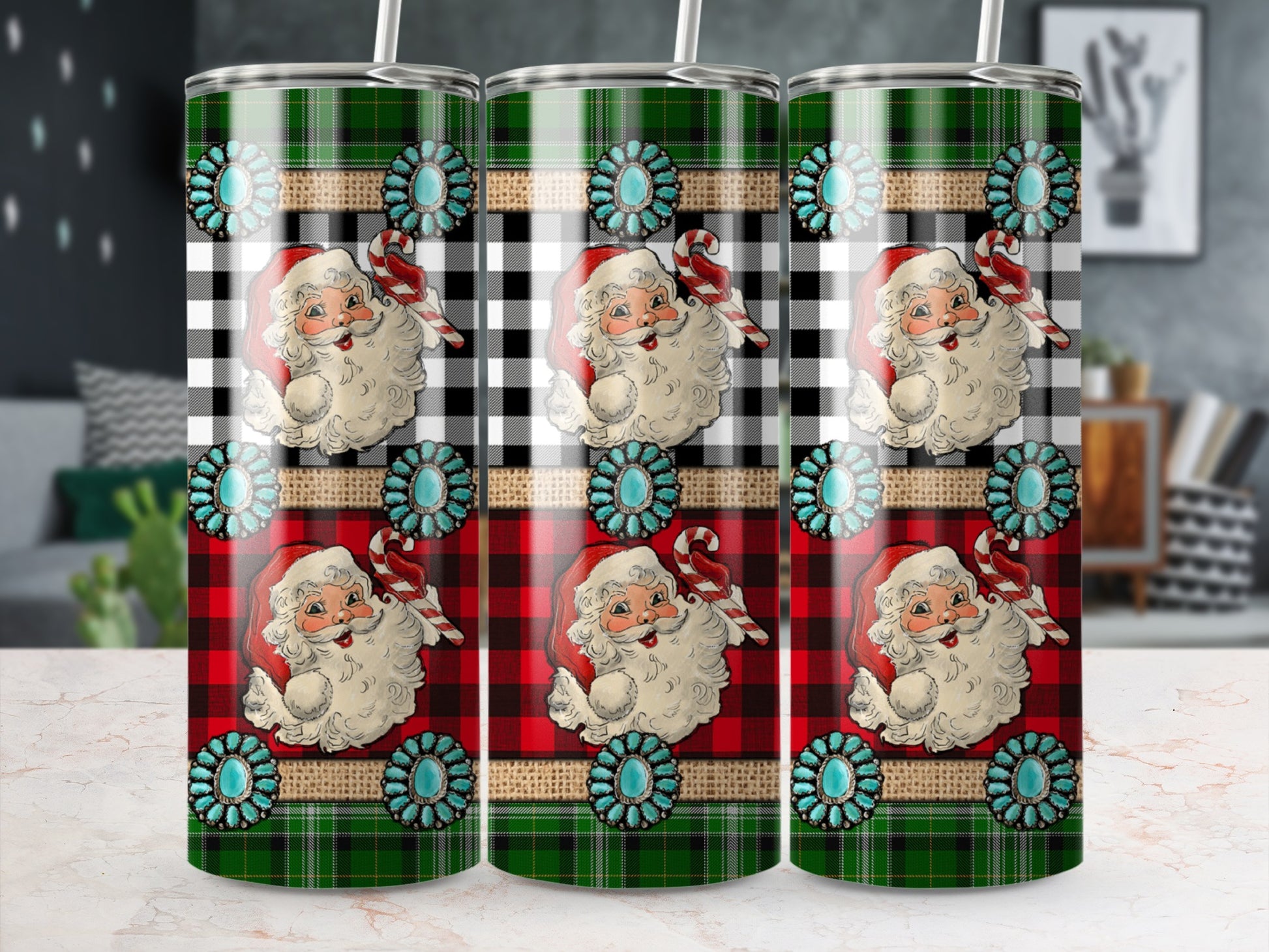 Santa Claus on red plaid tumbler with turquoise and burlap accents.