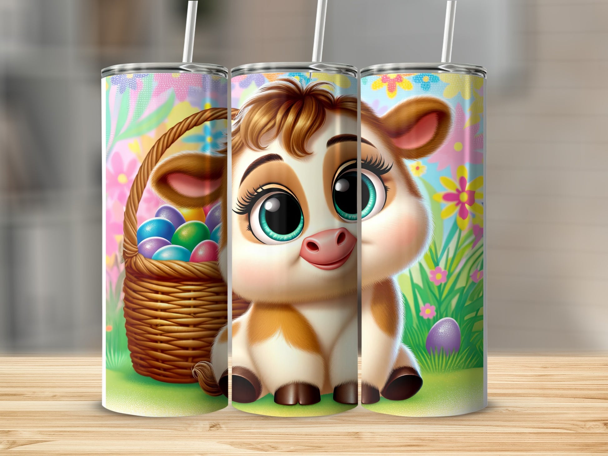 Cute cartoon cow with a basket of Easter eggs, set against a floral background.