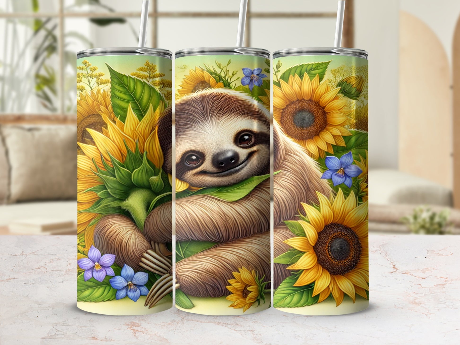 Colorful Sloth and Sunflower Design on Tumbler