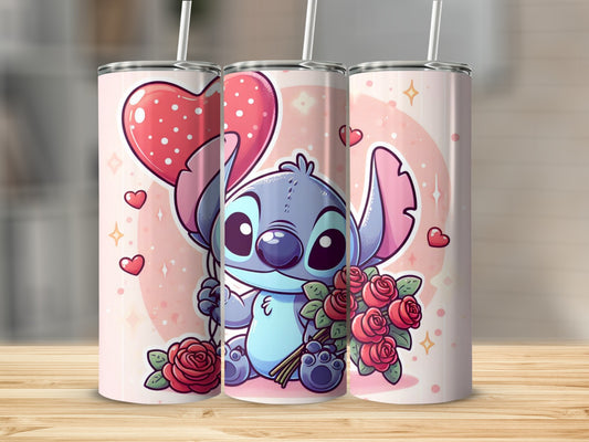 Cute Blue Character with Heart and Roses Tumbler