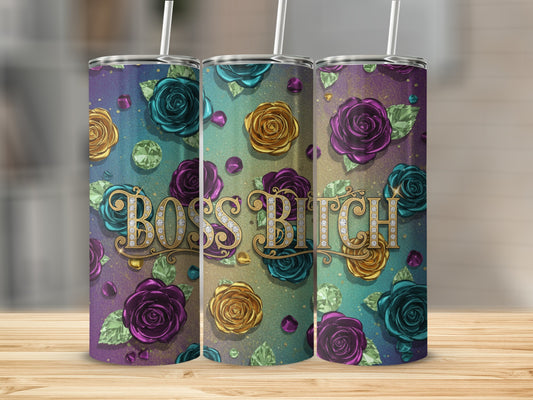 Boss Bitch Floral Design Tumbler Cup with Straw