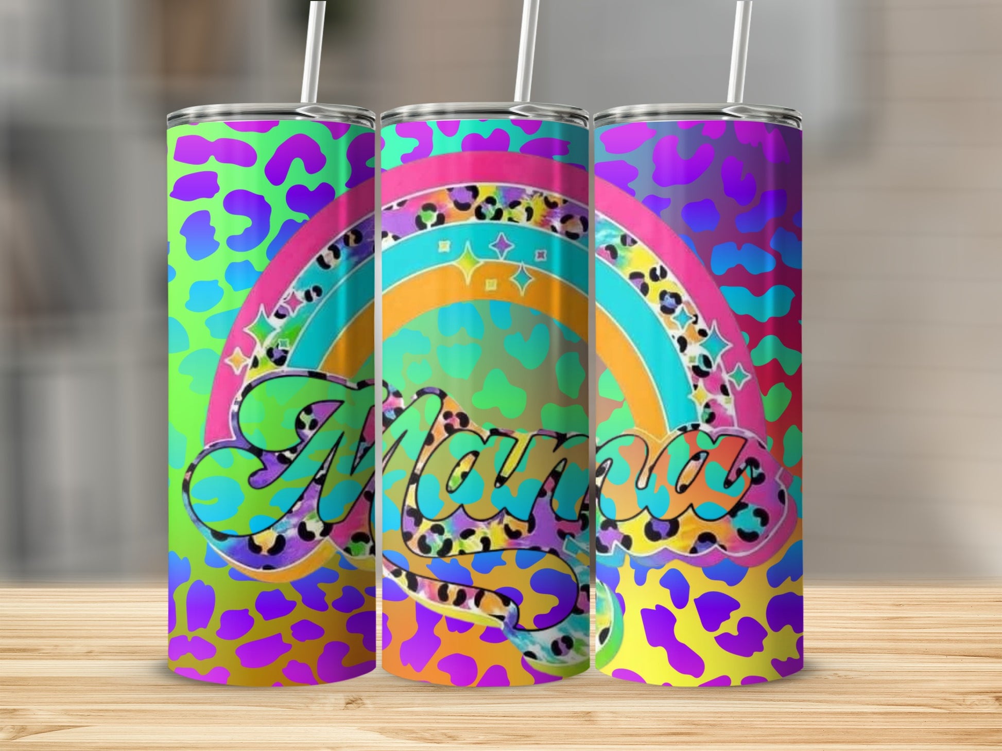 Colorful Leopard Mama Rainbow Design Tumbler