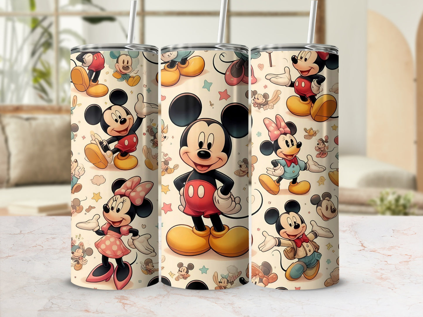 Cute Mickey and Minnie Mouse Design with Straw Tumbler