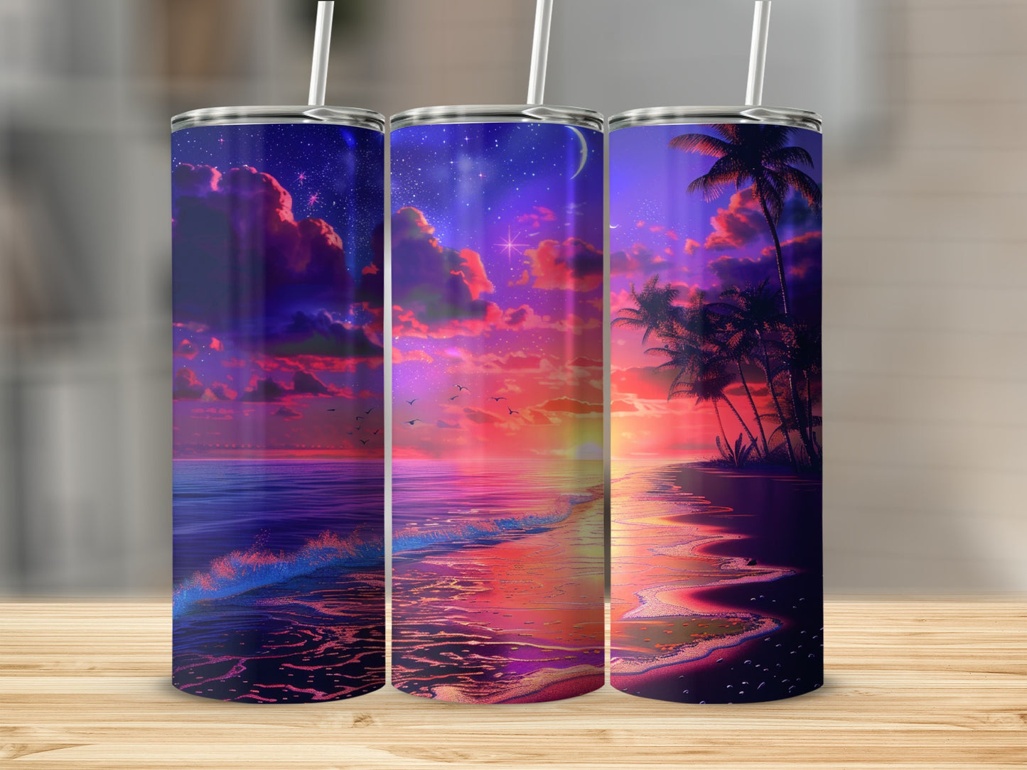 Three tumblers with a vibrant tropical beach sunset scene.