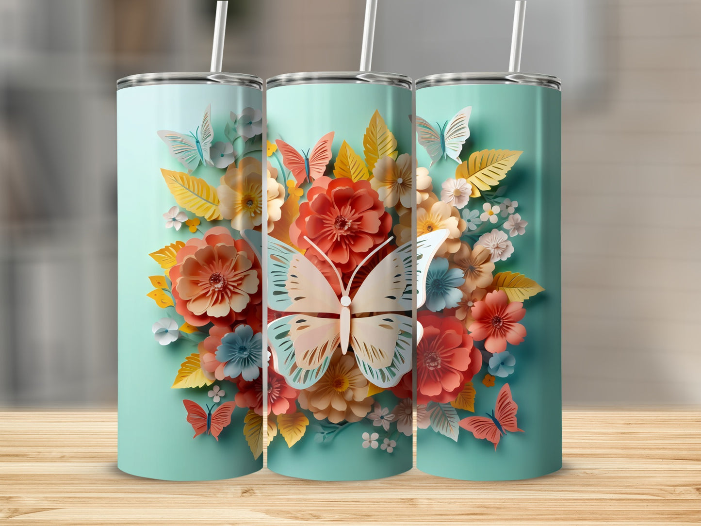 Butterfly and Floral Patterned Tumbler Cup
