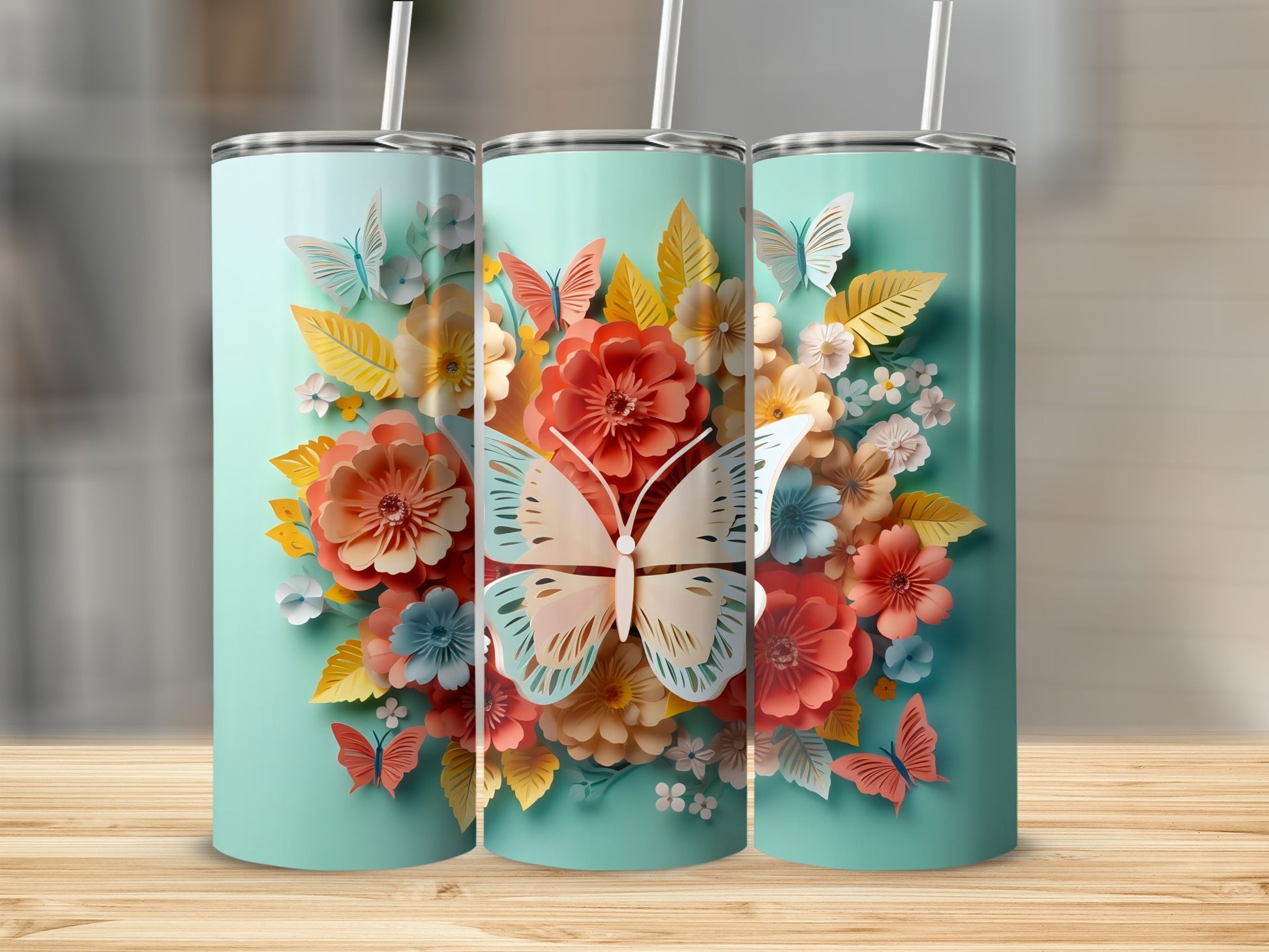 Butterfly and Floral Patterned Tumbler Cup