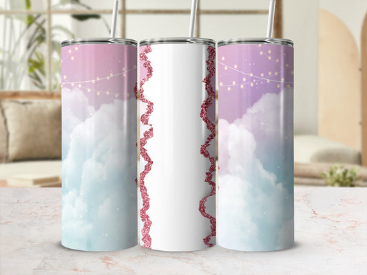 Three tumblers with pastel clouds and fairy lights, featuring pink glitter accents.