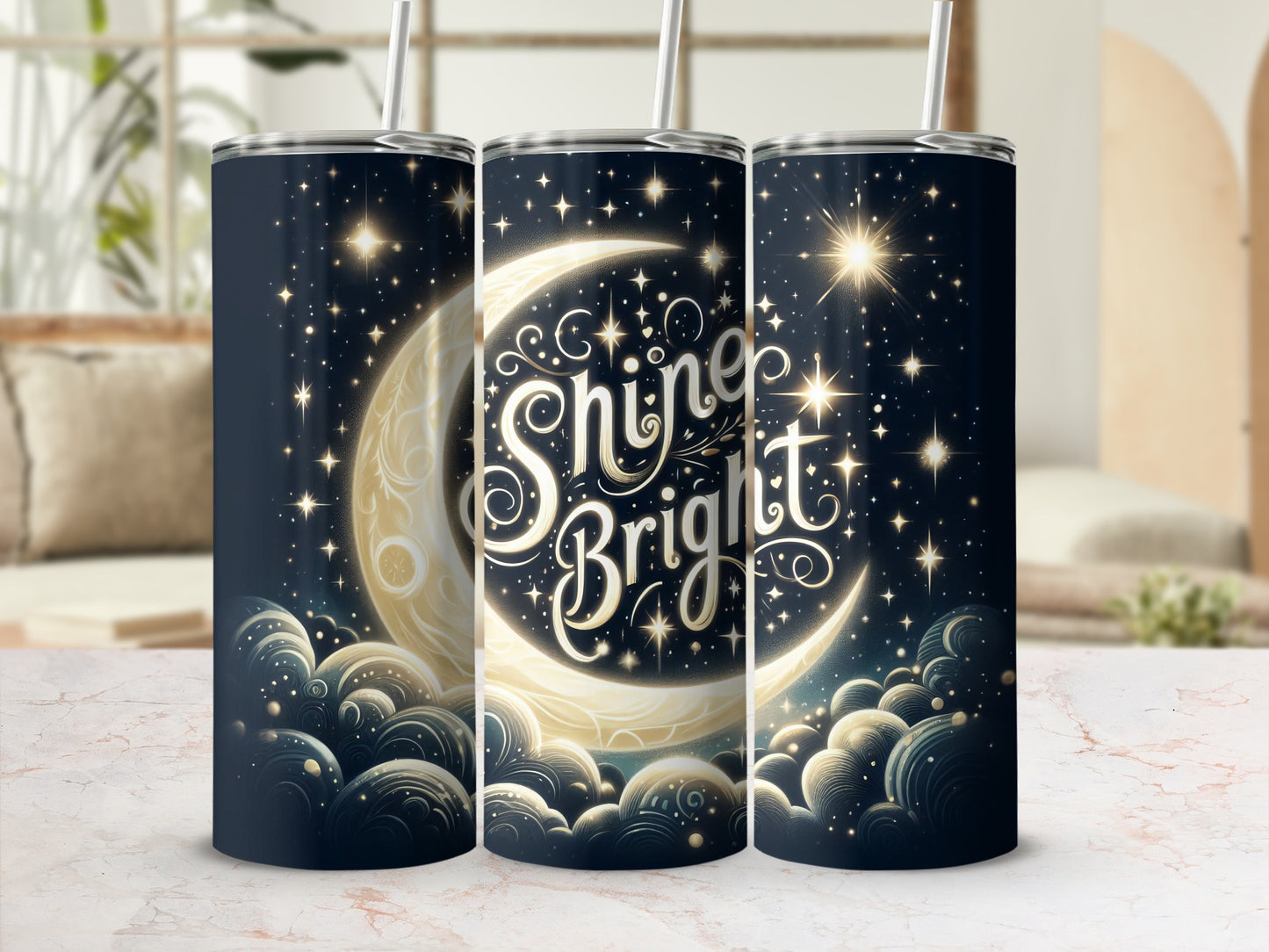 Dark tumbler with crescent moon, stars, and "Shine Bright" text.