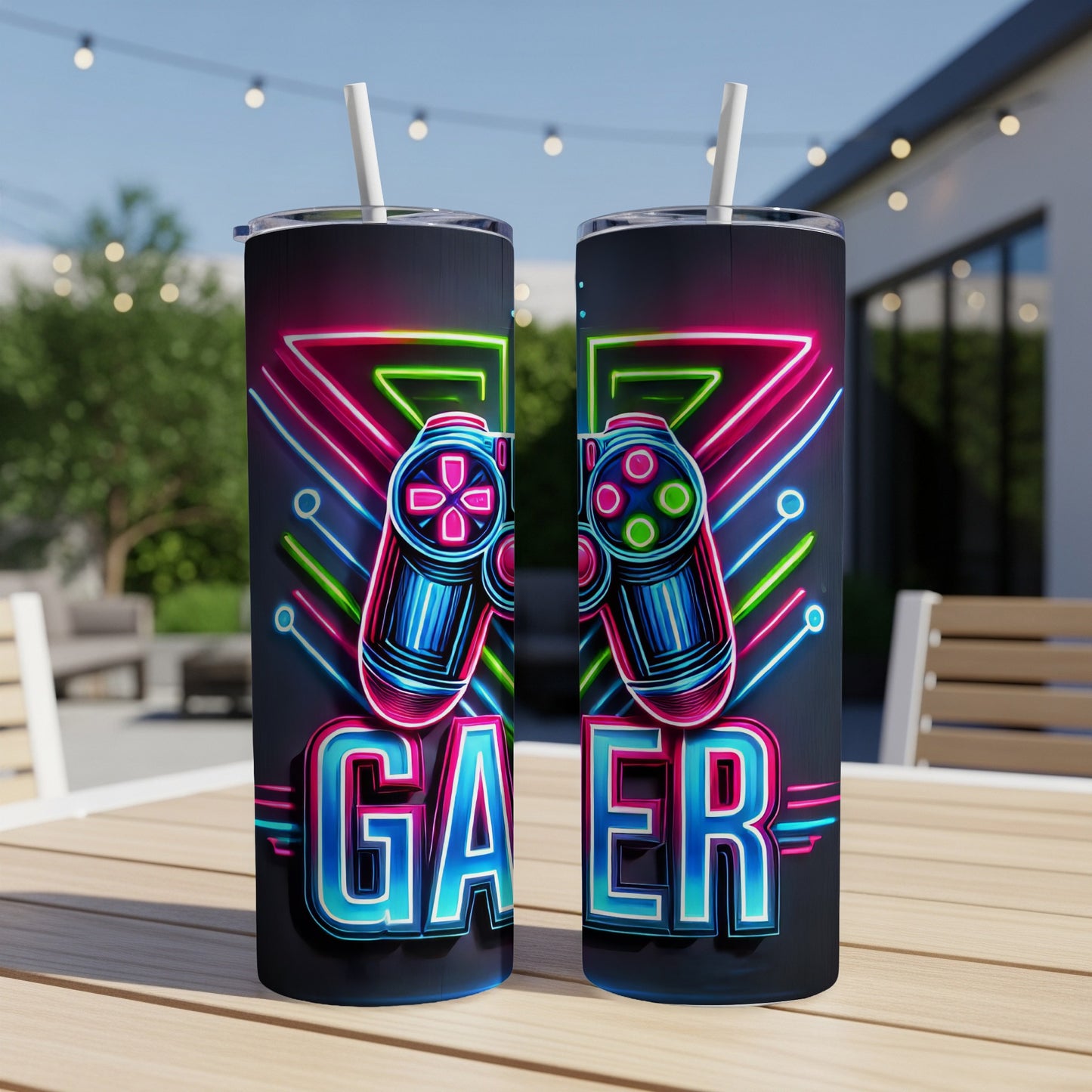 Gamer graphic on a tumbler with neon lights and joysticks.