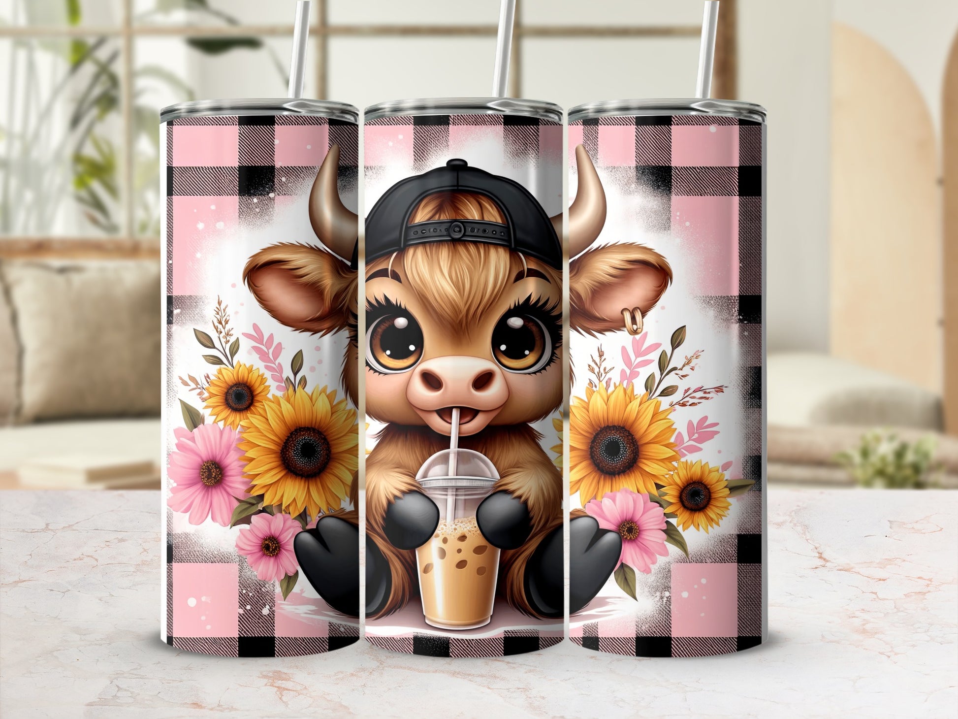 Cartoon cow with sunflowers holding a drink, wearing a black baseball cap.