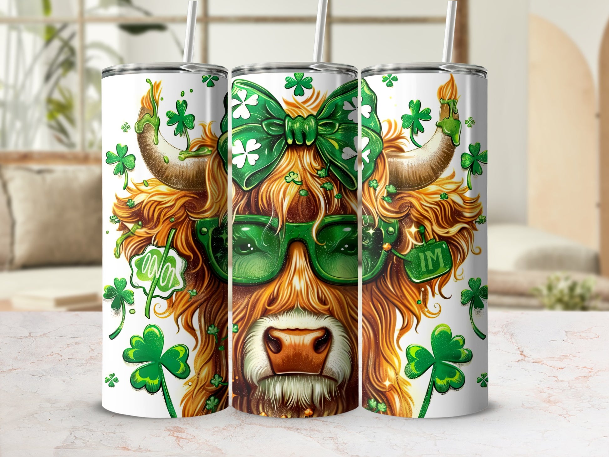 Highland cow with green glasses and St. Patrick's Day clover design.