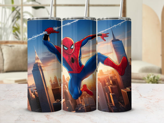 Spiderman swinging through a cityscape on a cylindrical tumbler.