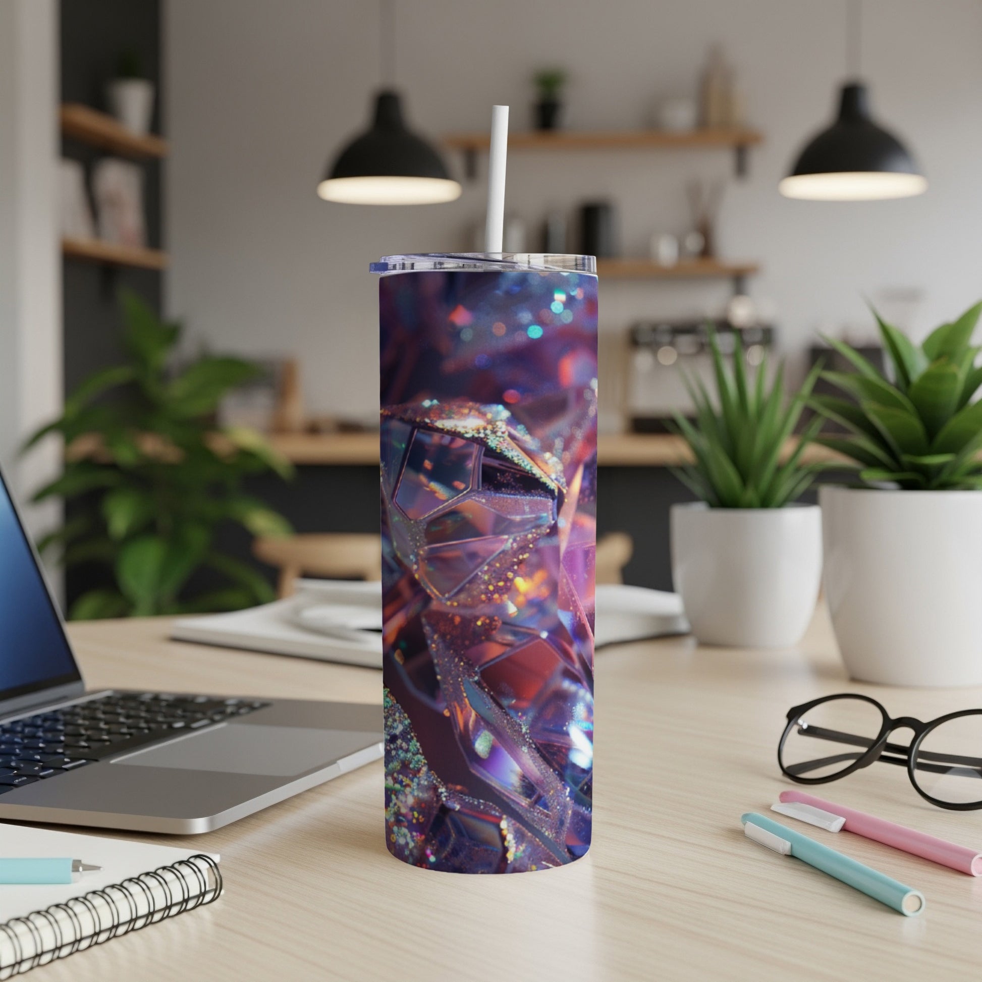 Glittery abstract geometric pattern on a tall stainless steel tumbler with a straw.