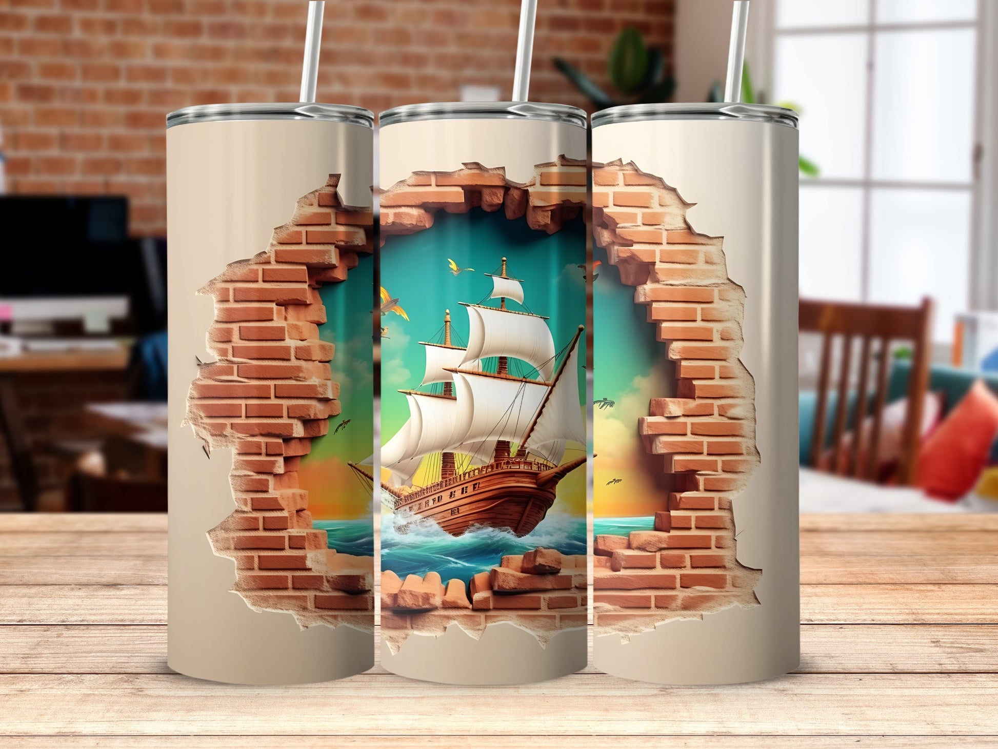 Sailing Ship Breaking Through the Brick Wall Tumbler