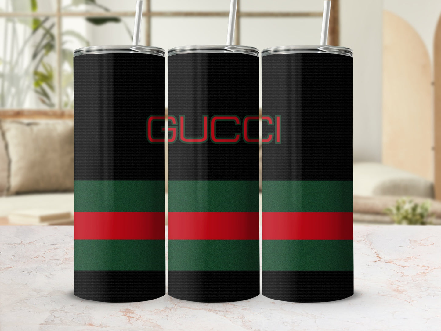 Stylish GUCCI Inspired Black Tumbler with Straw