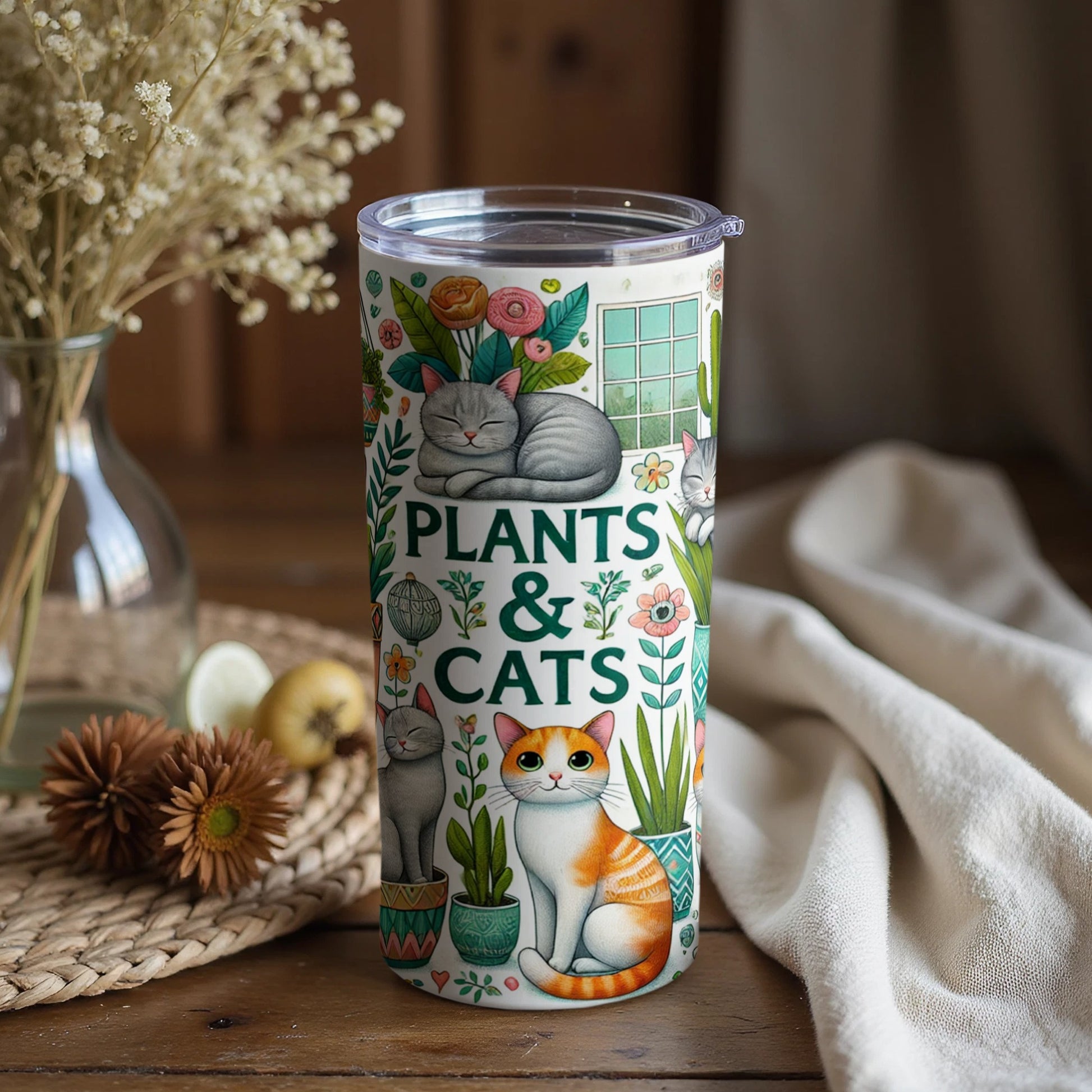 Colorful Cats and Plants Design Travel Tumbler