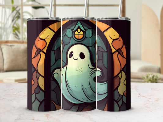 Ghost in stained glass design on a tumbler.