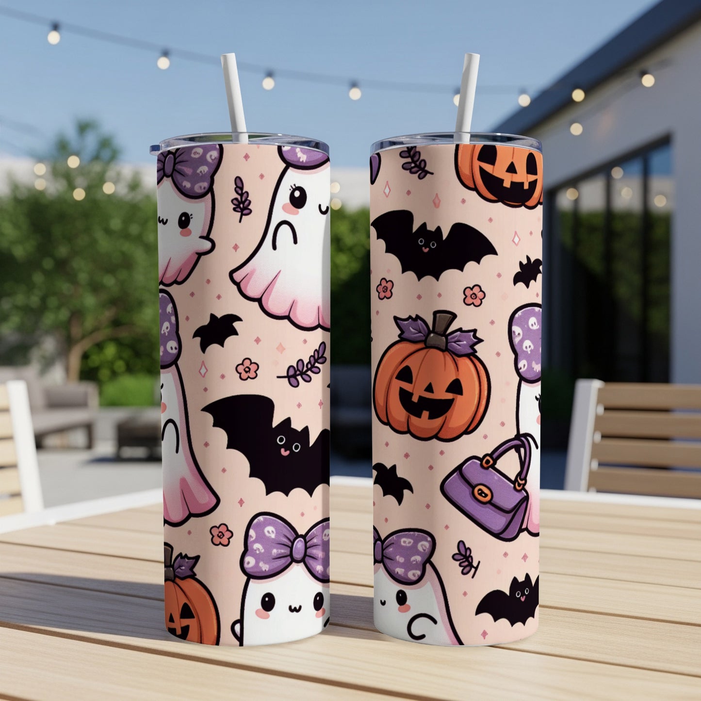 Two tumblers with a cute Halloween ghost, pumpkin, bat, and handbag pattern.