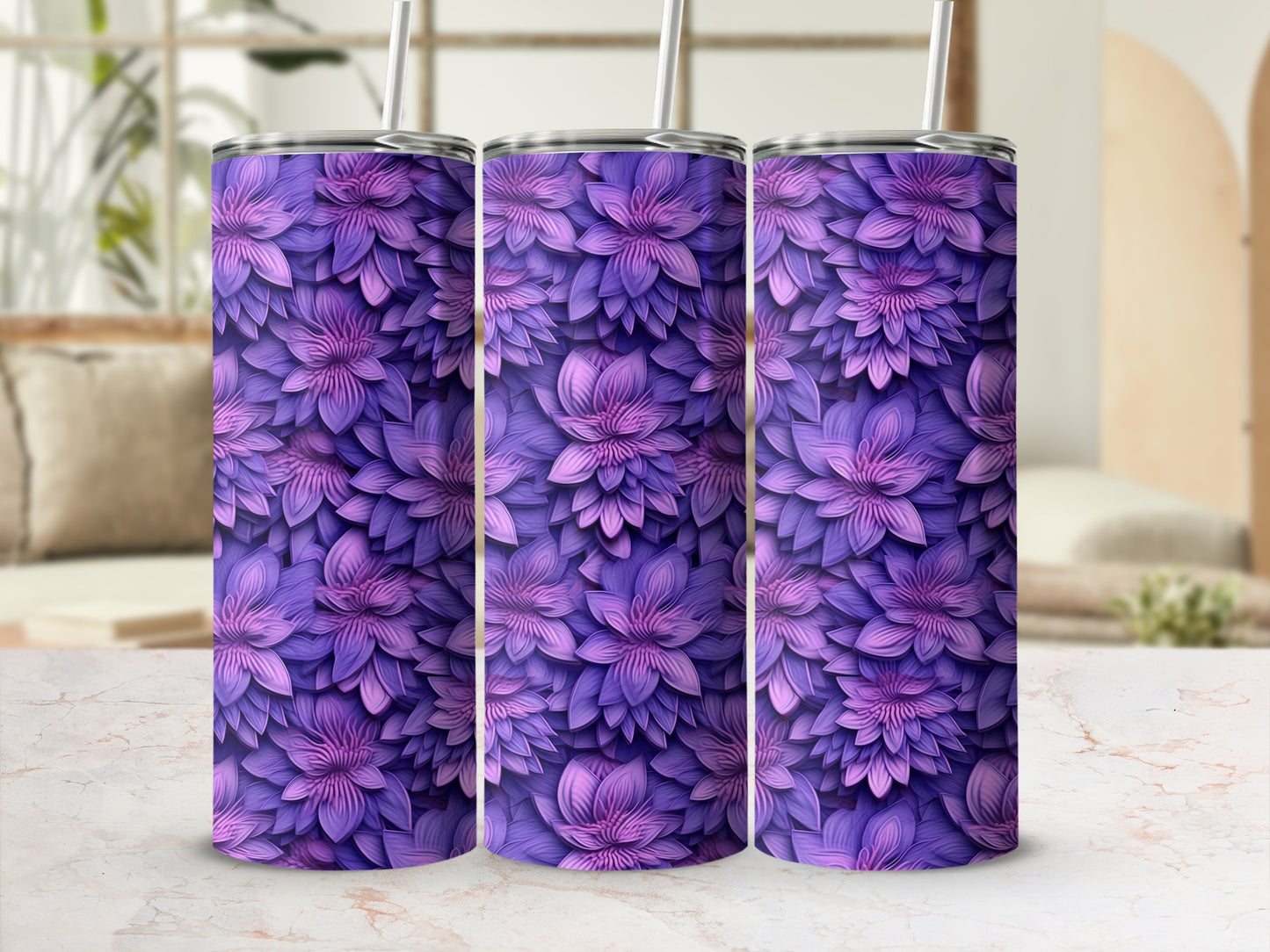 Purple and Pink Floral Patterned Tumbler with Straw