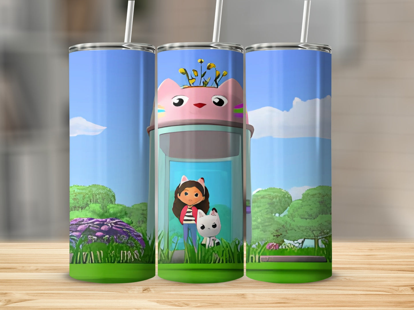Cute Cartoon Girl with Cat and Trees Tumbler Cup