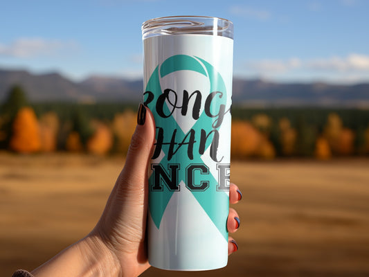 Strong Than Cancer Teal Ribbon Travel Tumbler