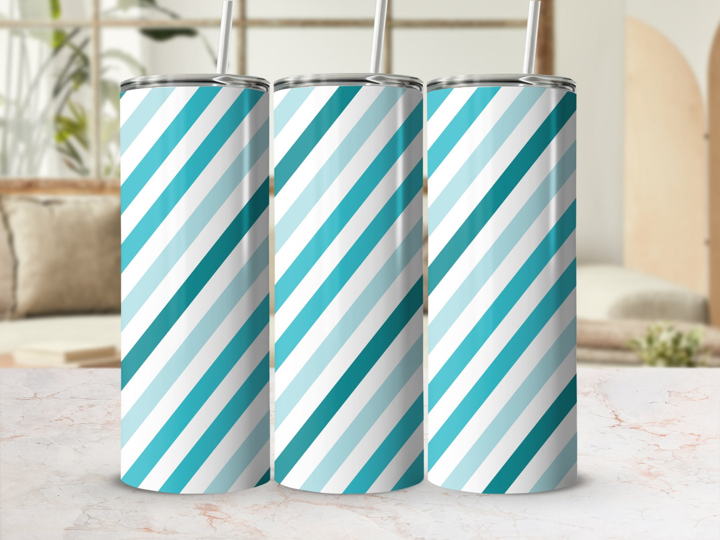 Striped Blue and White Tumbler with Straw product