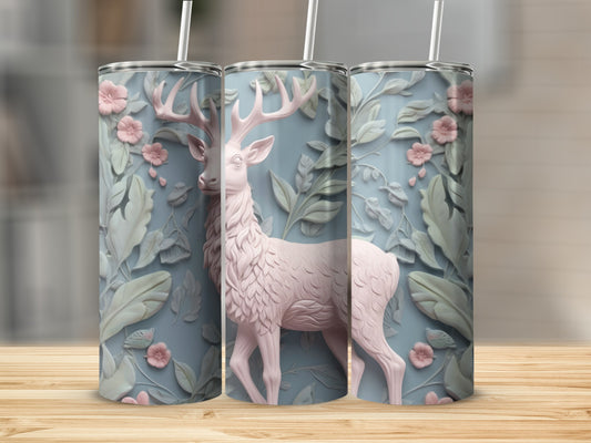 Pink deer and floral design on three tumblers.