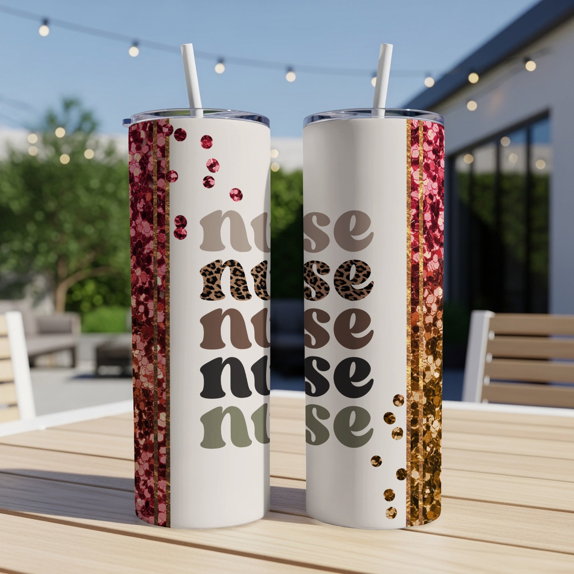 Two tumblers with "nurse" in leopard print, glitter accents, on a table.