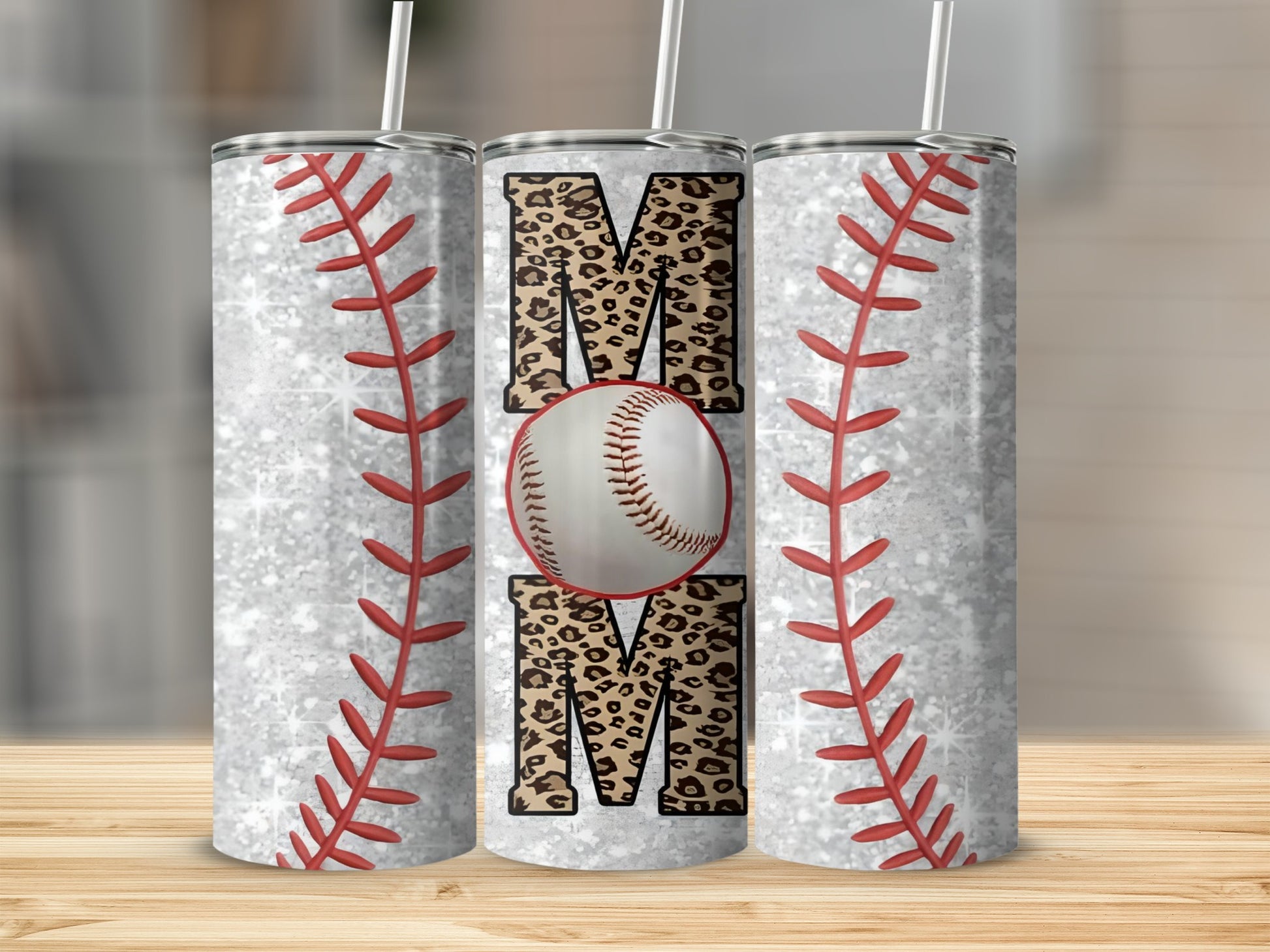 Leopard Print Baseball MOM Tumbler with Red Stitching Design