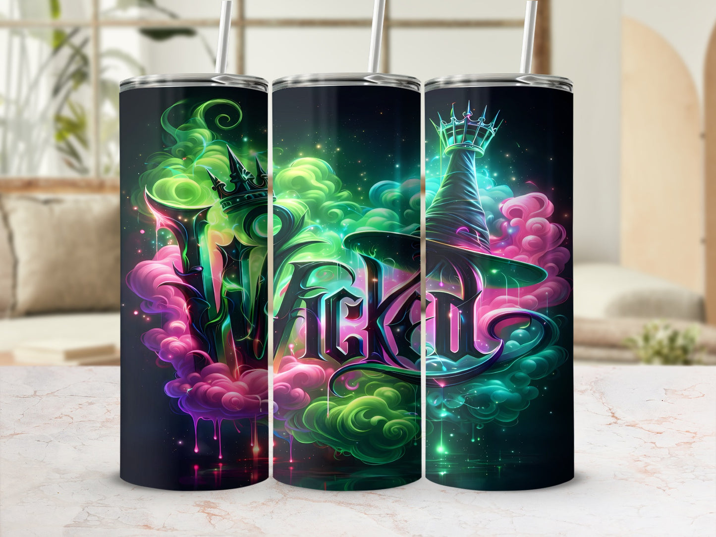 Tumblers with "Wicked" text, crown, and witch hat design in neon colors.