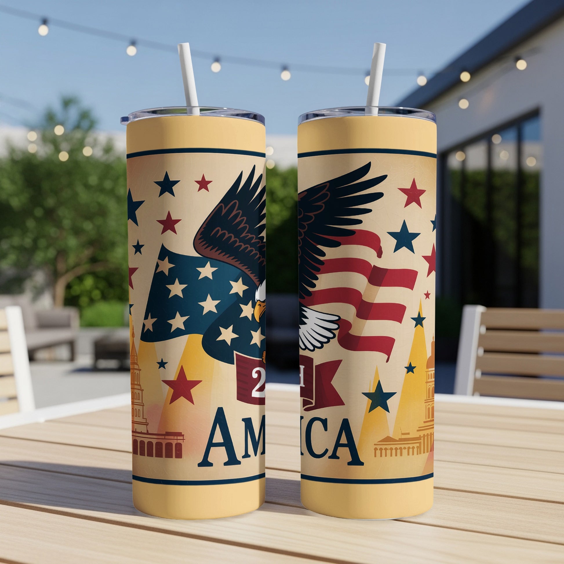 Two patriotic tumblers with American flag and eagle design.