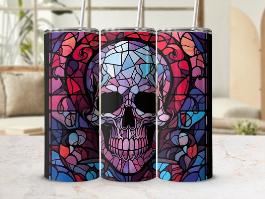 Three tumblers featuring a stained-glass skull design in vibrant colors.