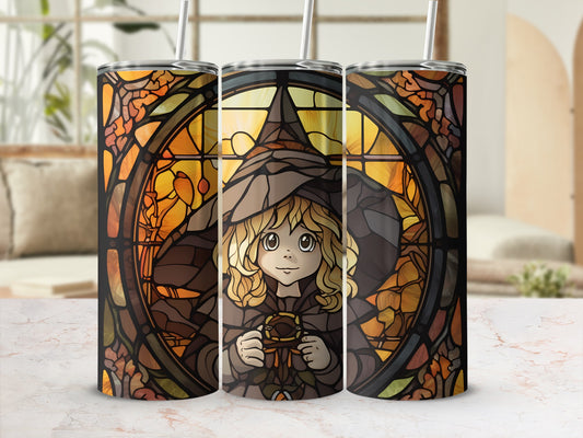 Stained glass design of a witch with a pointed hat holding a key.