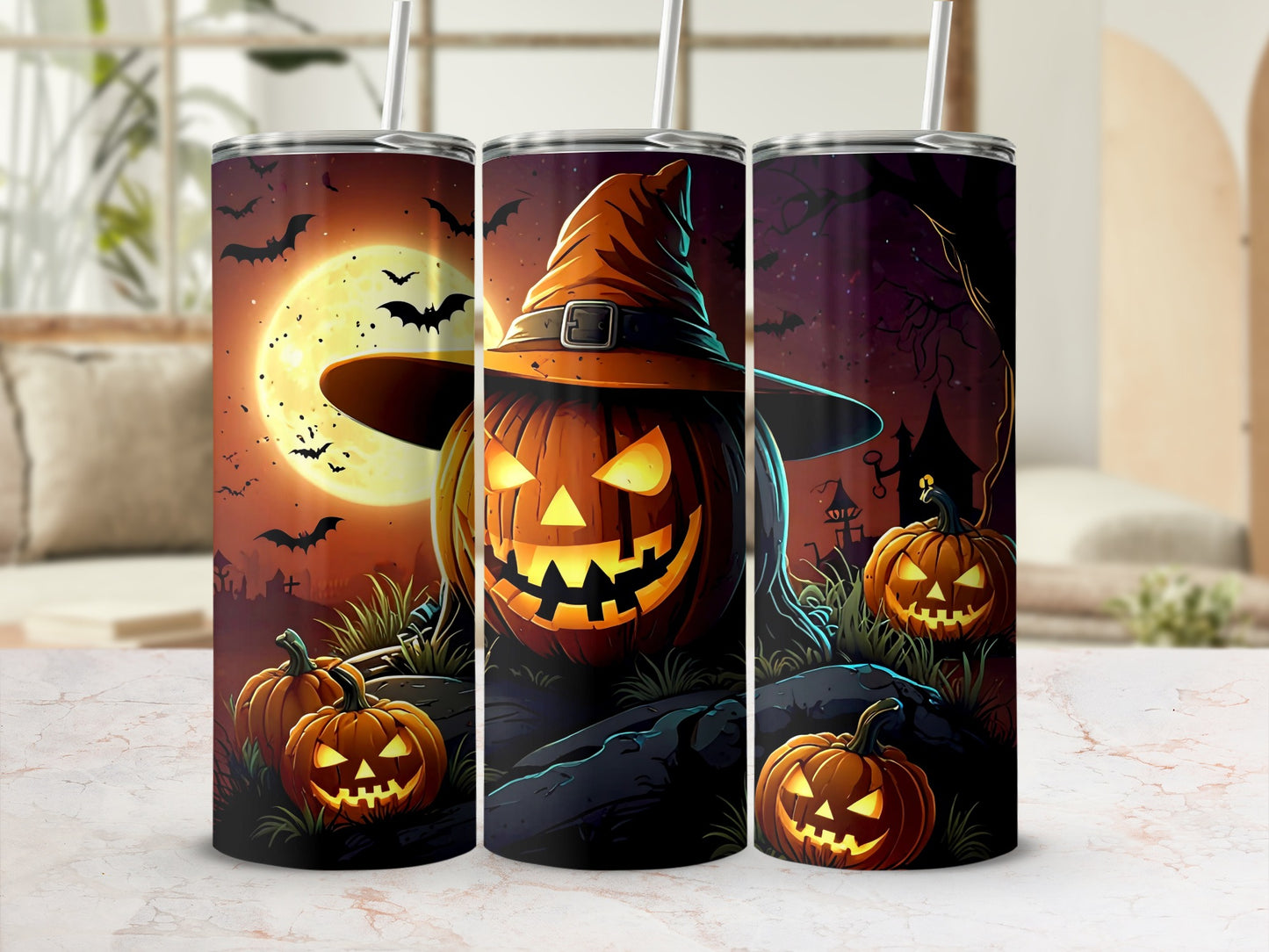 Halloween tumblers featuring jack-o'-lanterns, bats, and a witch's hat.