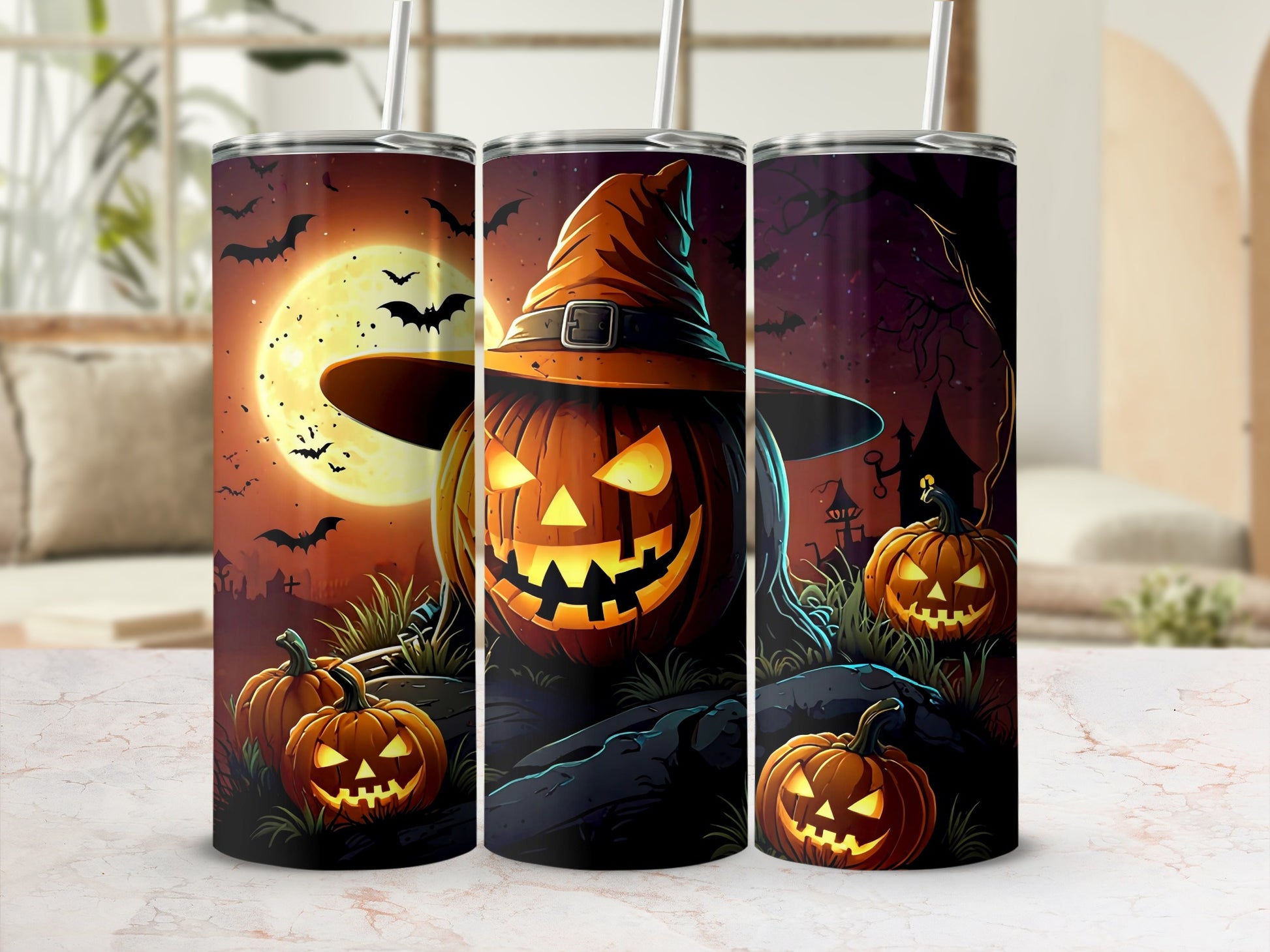Halloween tumblers featuring jack-o'-lanterns, bats, and a witch's hat.