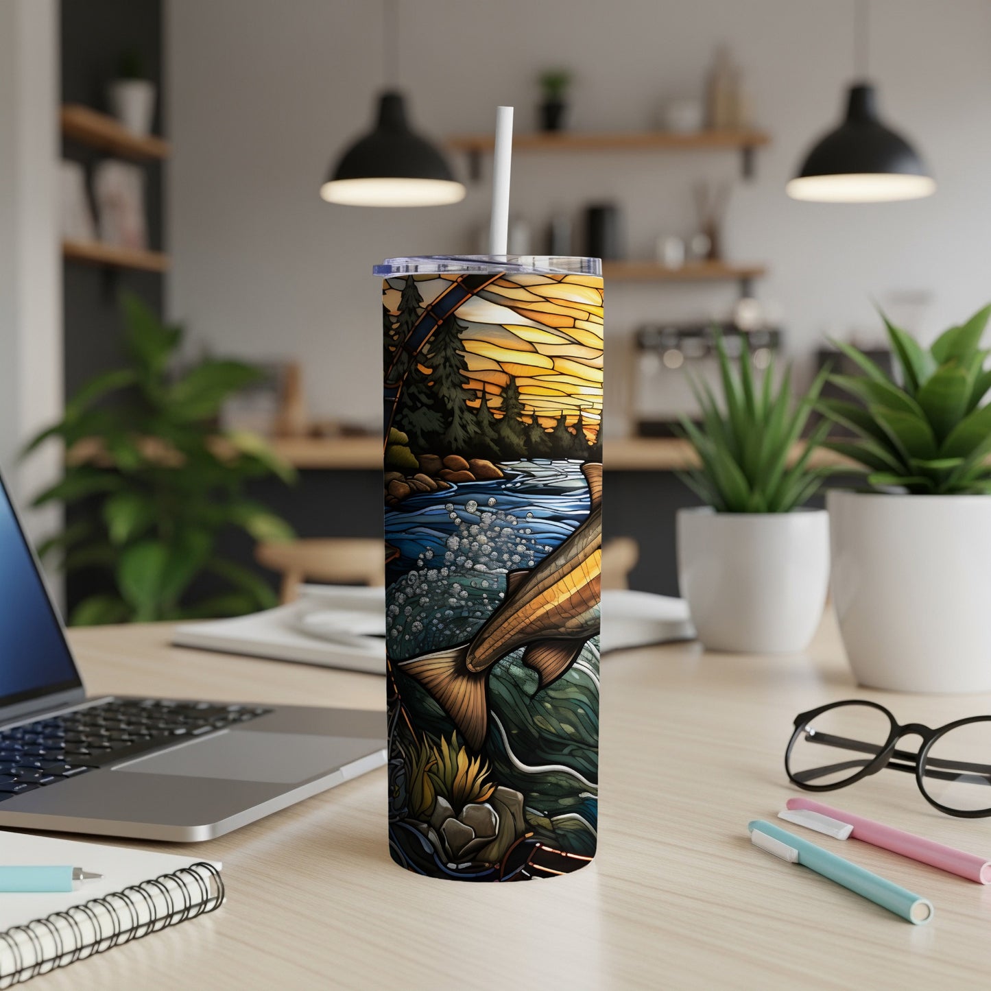 Fishing scene tumbler with stained glass sunset and leaping fish.