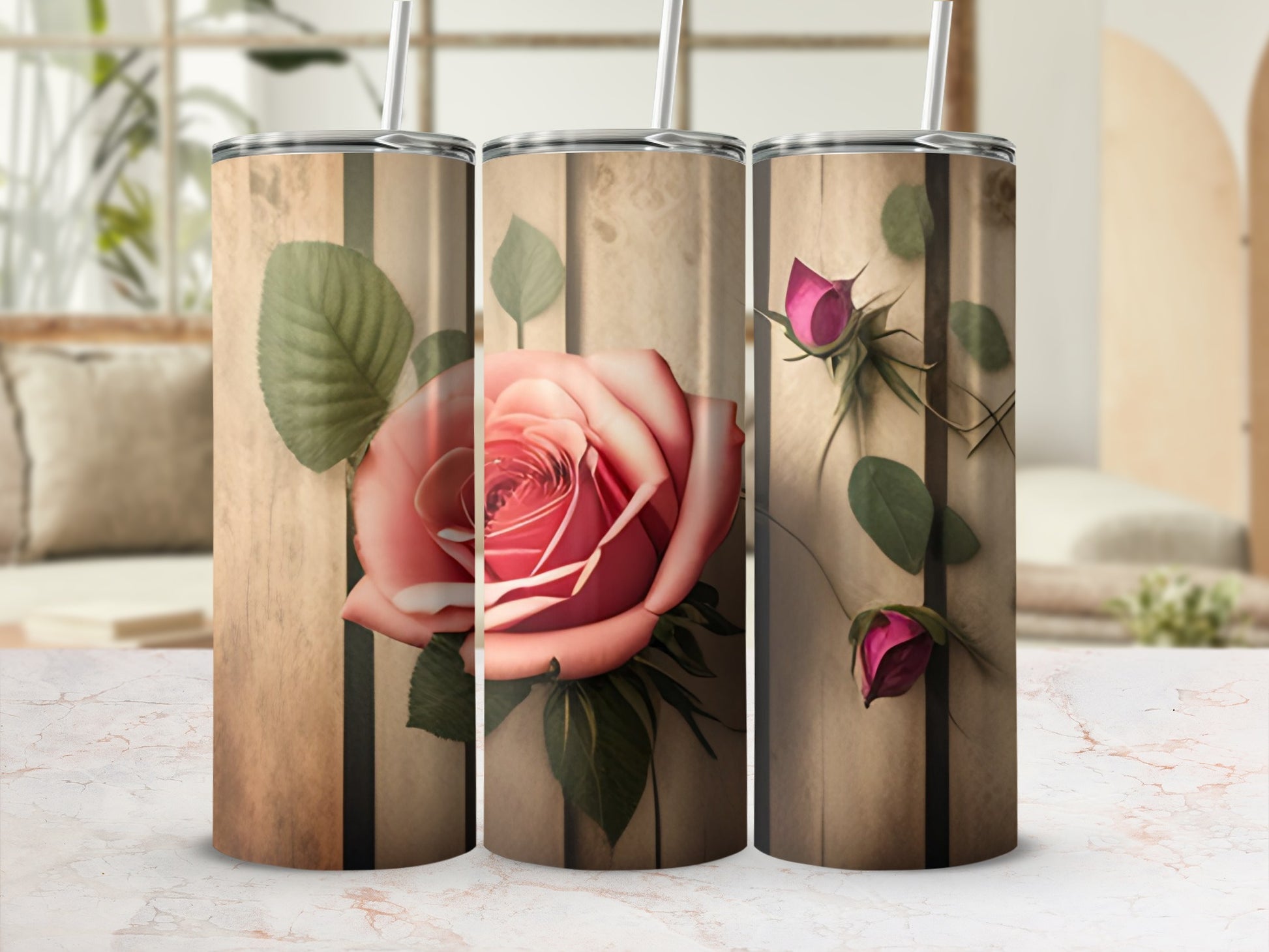Vintage Pink Rose Design Insulated Tumbler Set