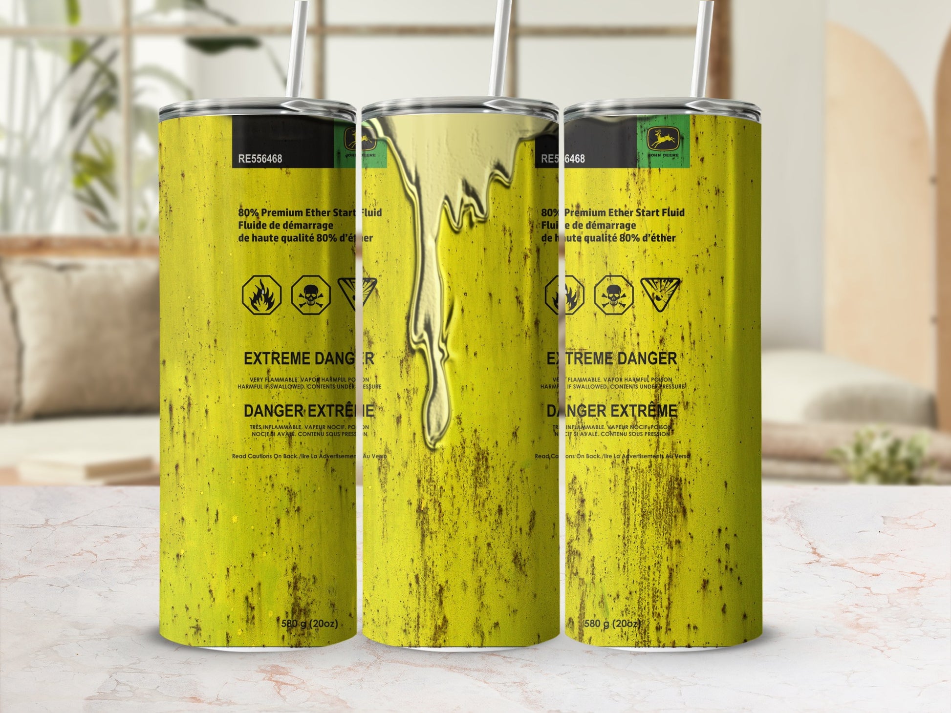 John Deere 80% Premium Ether Start Fluid can with hazard warnings.