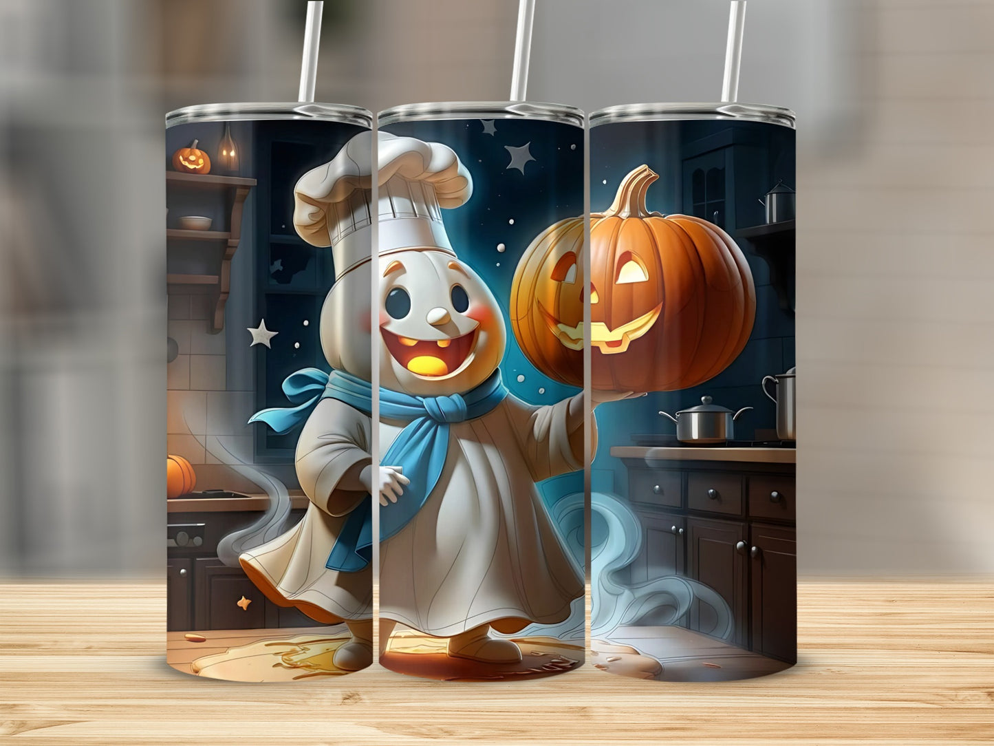 Chef character in kitchen holding a jack-o'-lantern on a tumbler.