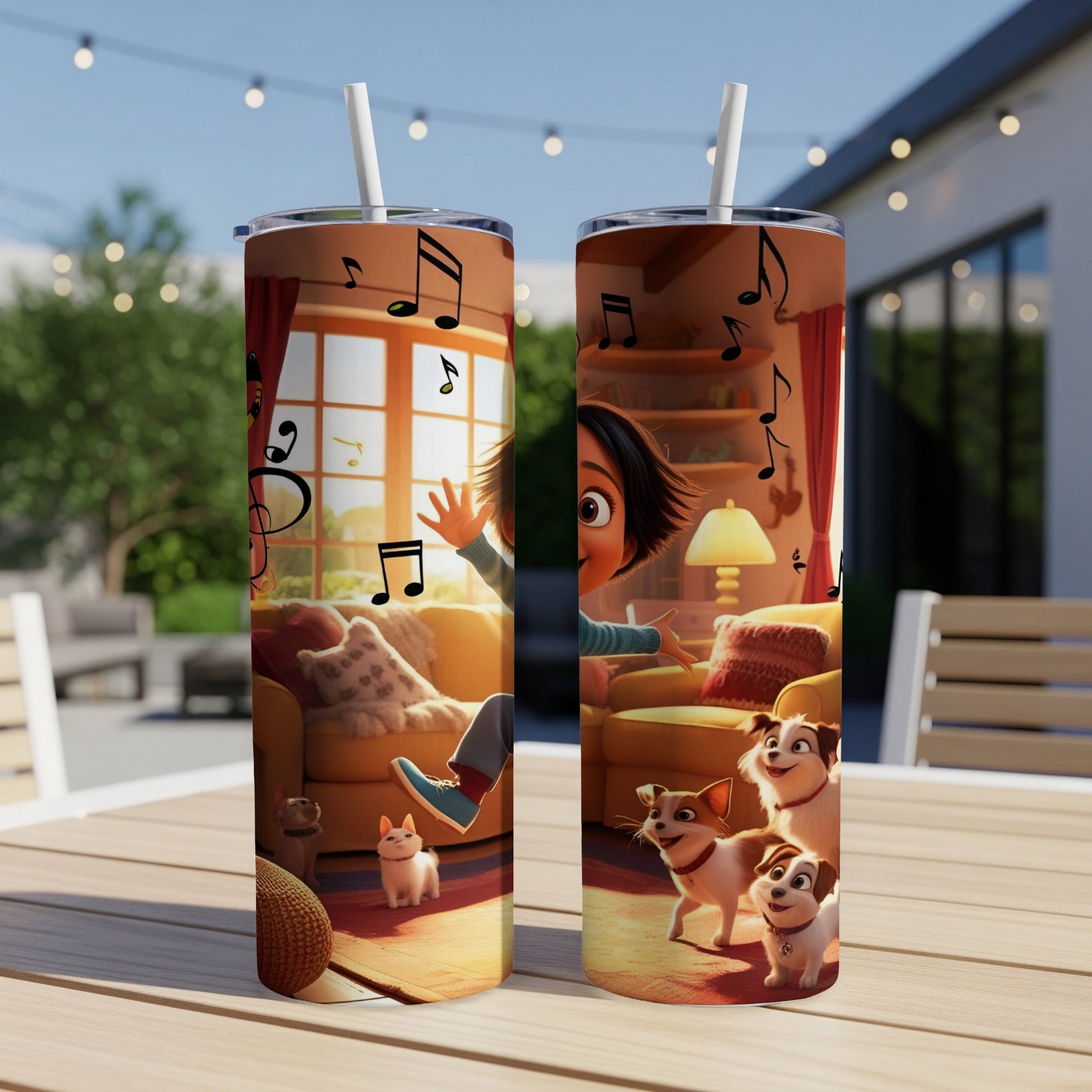 Animated girl and dogs singing with musical notes, on a colorful tumbler.