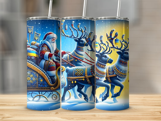 Festive Blue and Yellow Santa and Reindeer Tumbler
