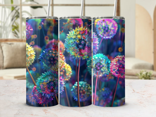 Three tumblers with colorful dandelion designs against a blurred background.