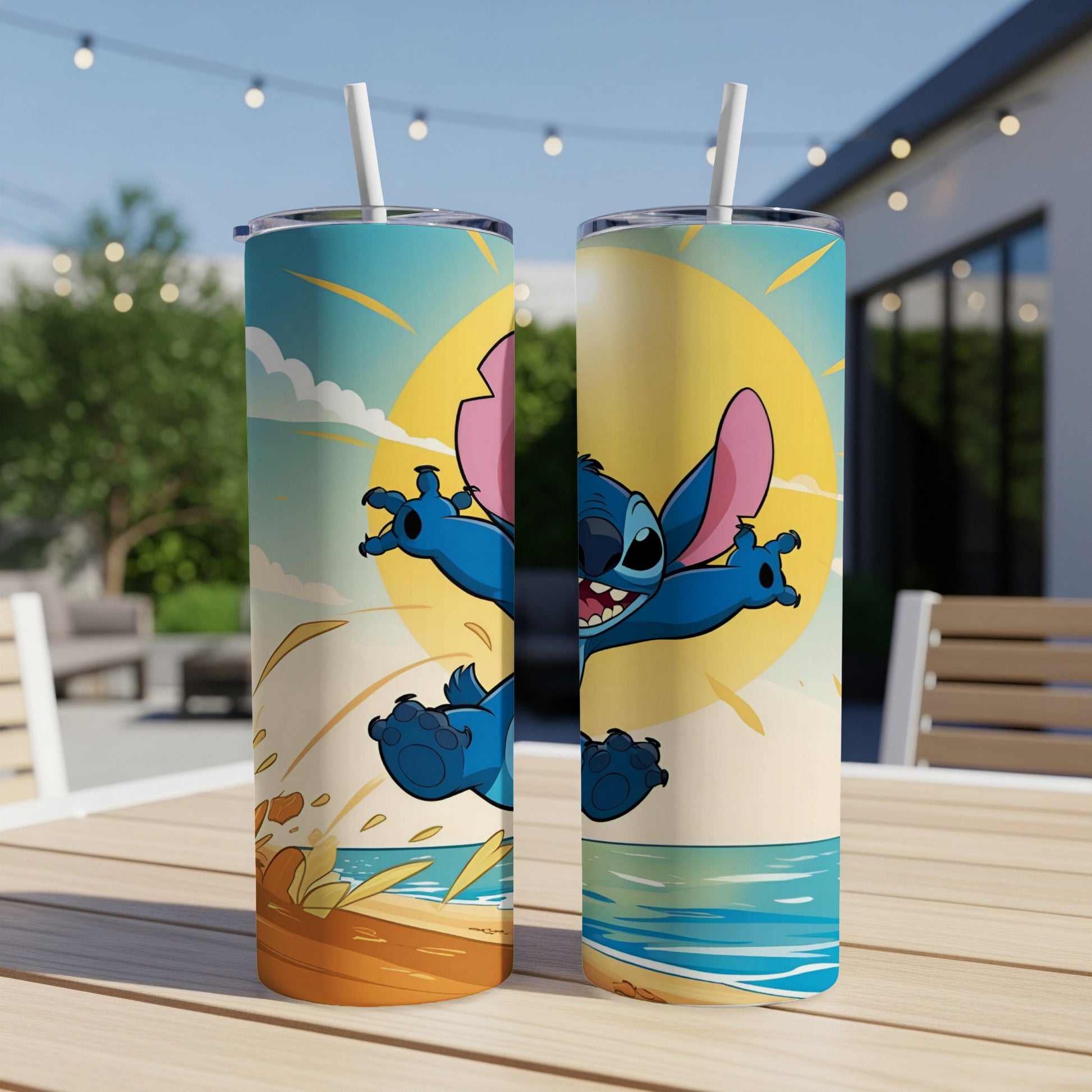 Stitch character jumping with beach and ocean scene on two tumblers.