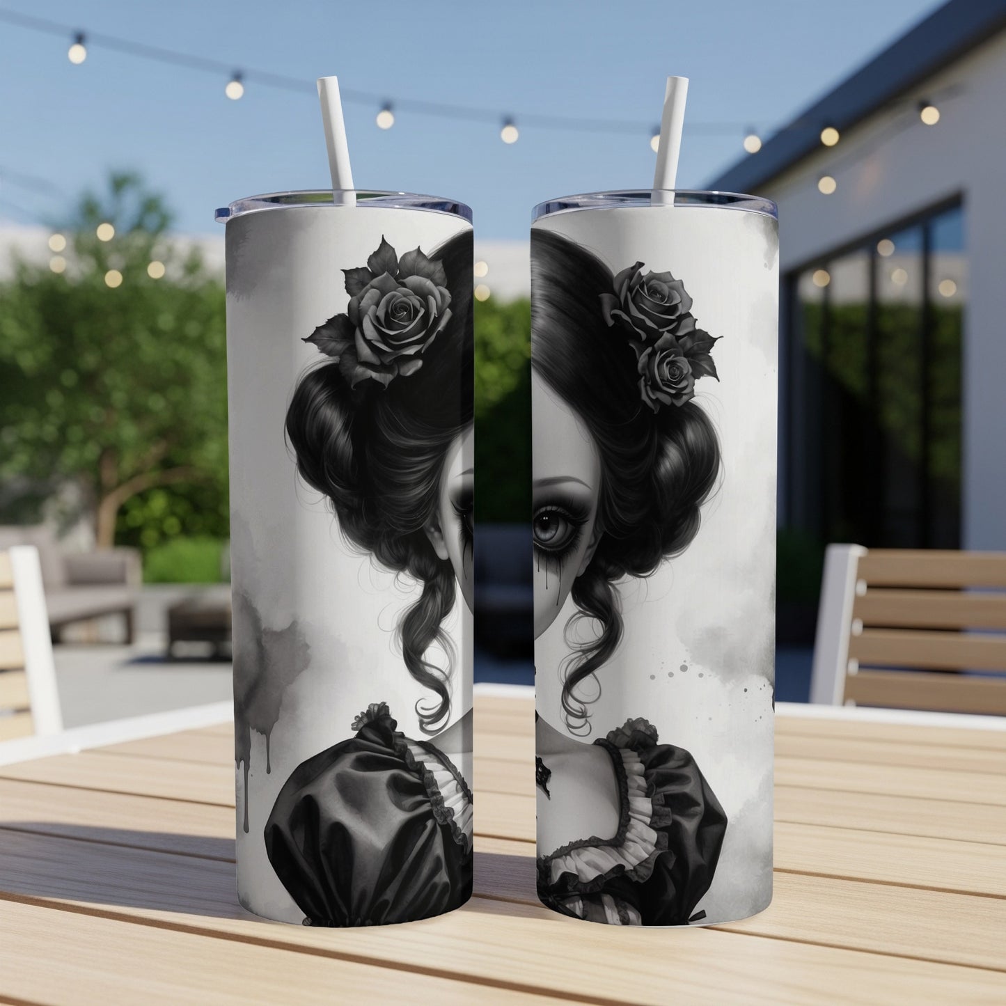 Gothic artwork of a woman with roses on a tumbler.