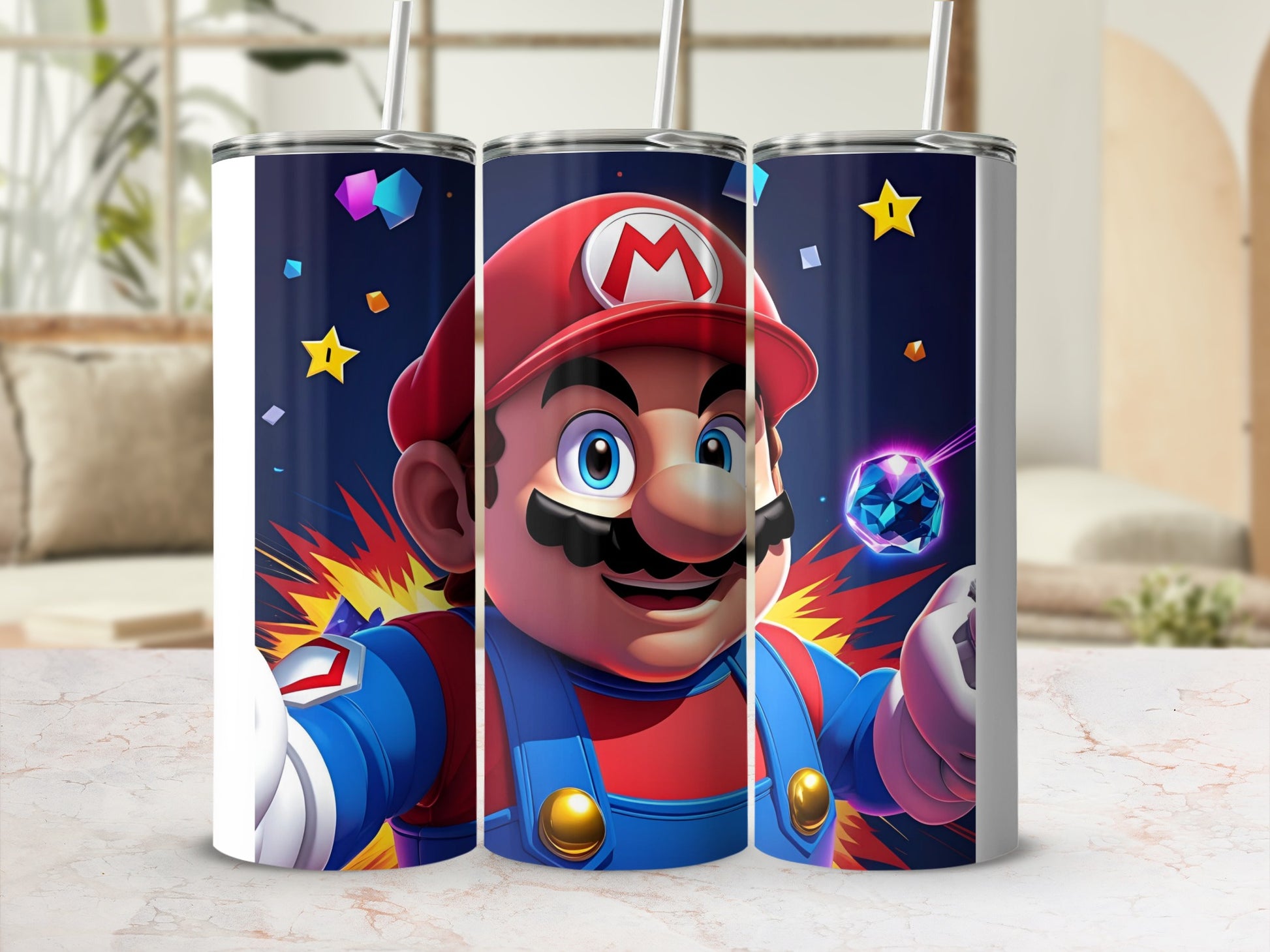Super Mario character on a tumbler with colorful stars and gems.