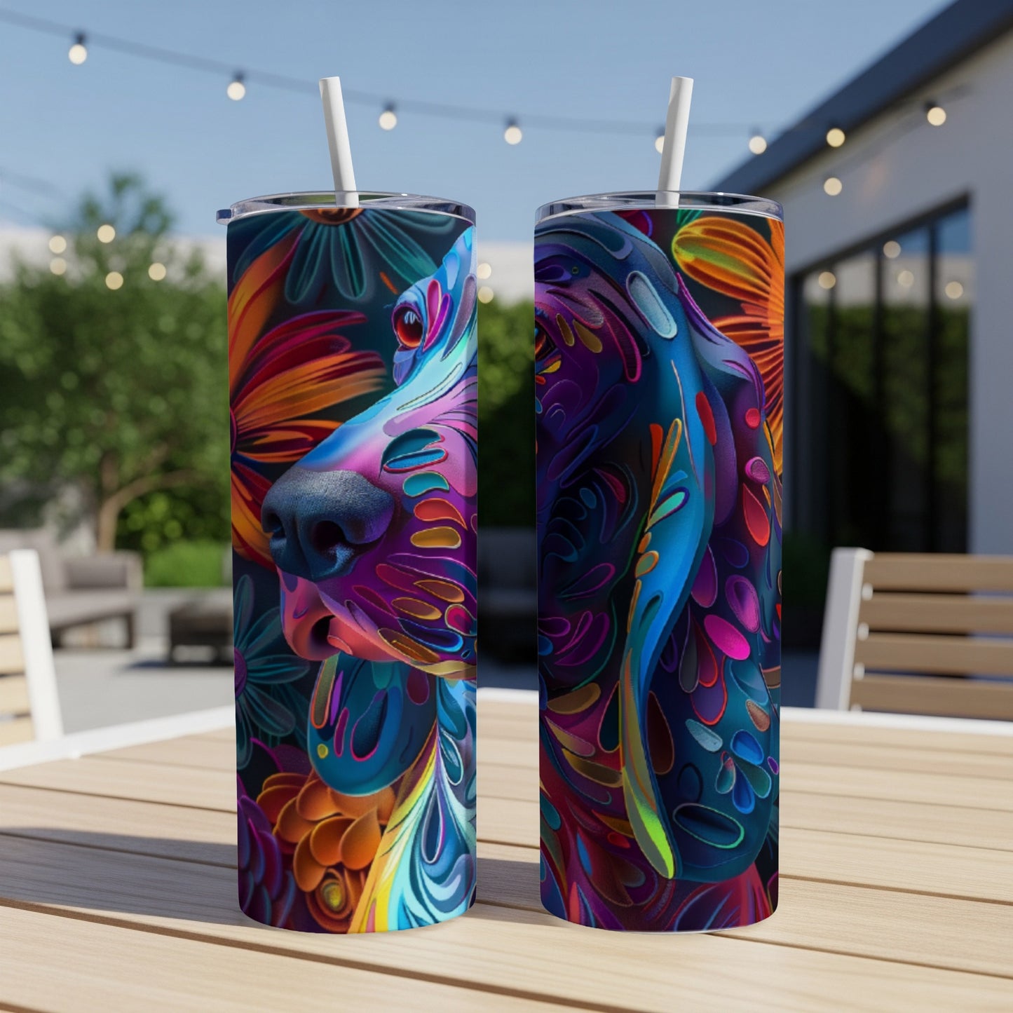 Two tumblers with colorful abstract dog portraits on an outdoor table.