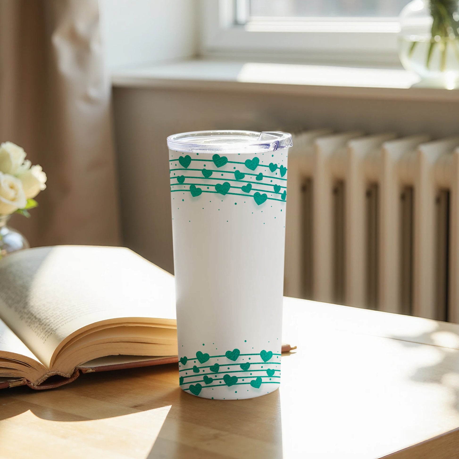 White Tumbler with Green Hearts and Stripes Design