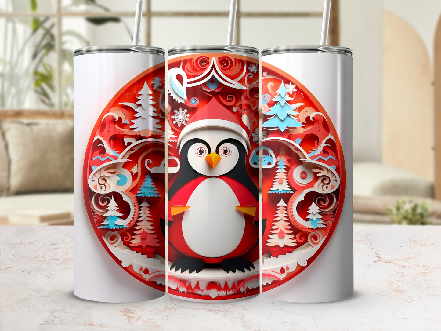 Three tumblers featuring a festive penguin and snowy forest design.