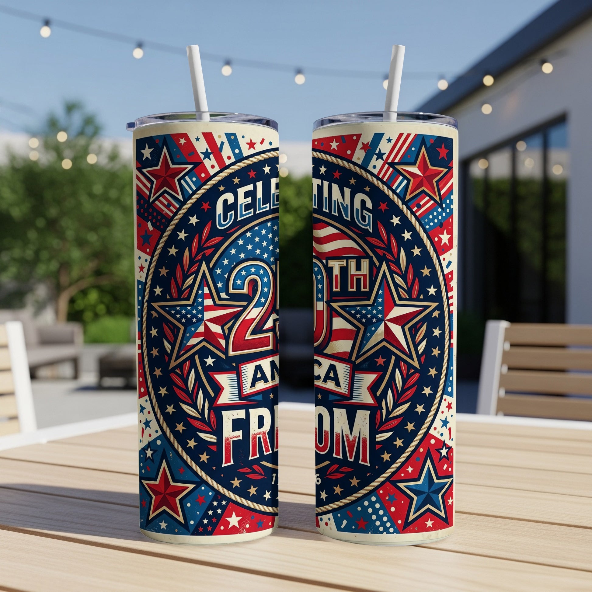 Two cylindrical tumblers with patriotic star and stripe designs celebrating 4th of July.