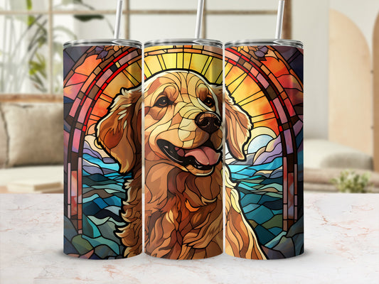 Golden Retriever portrait with stained glass sun and water background.